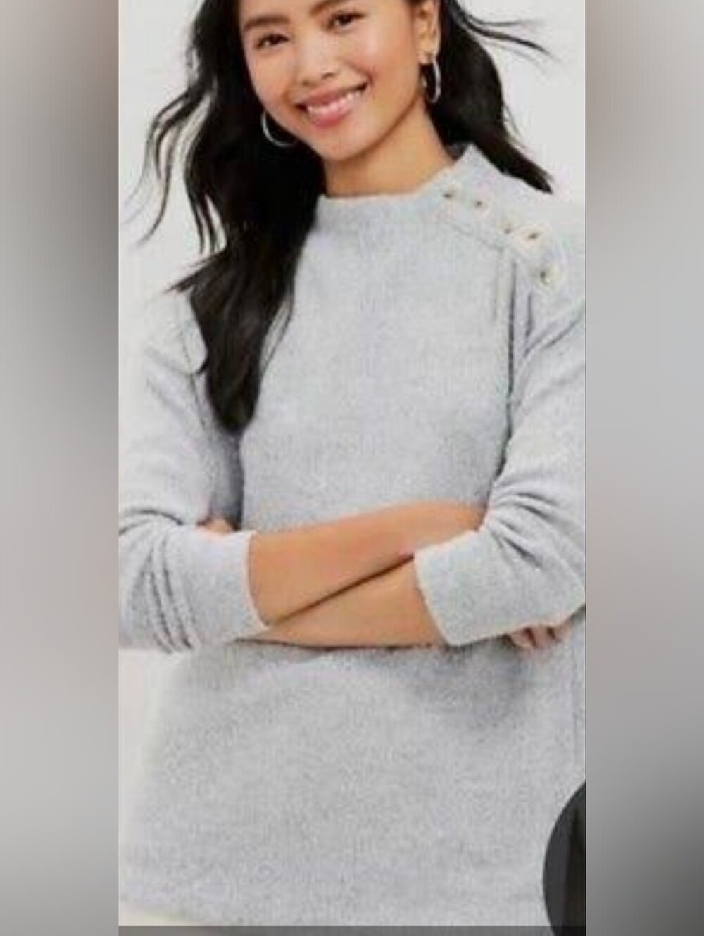 LOFT Gray Marled Mock Neck Button Shoulder Sweater Petite XS